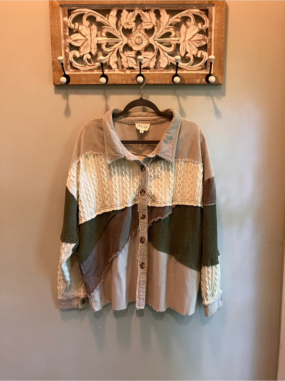 Oli & Hali Patchwork Mixed-Knit Women's Sweater/Jacket— Olive, Cream, Grey EUC L